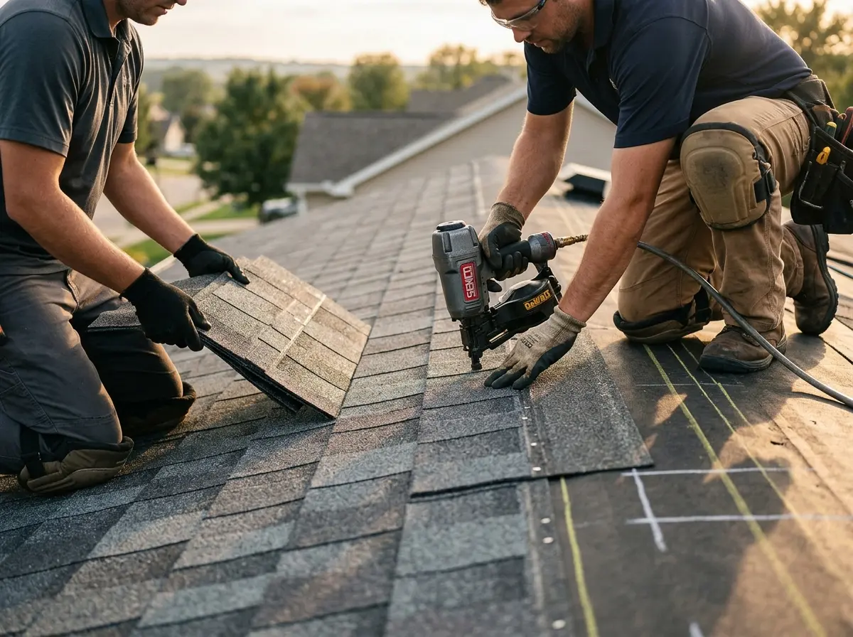 Professional roofer working on a residential roof in Freehold